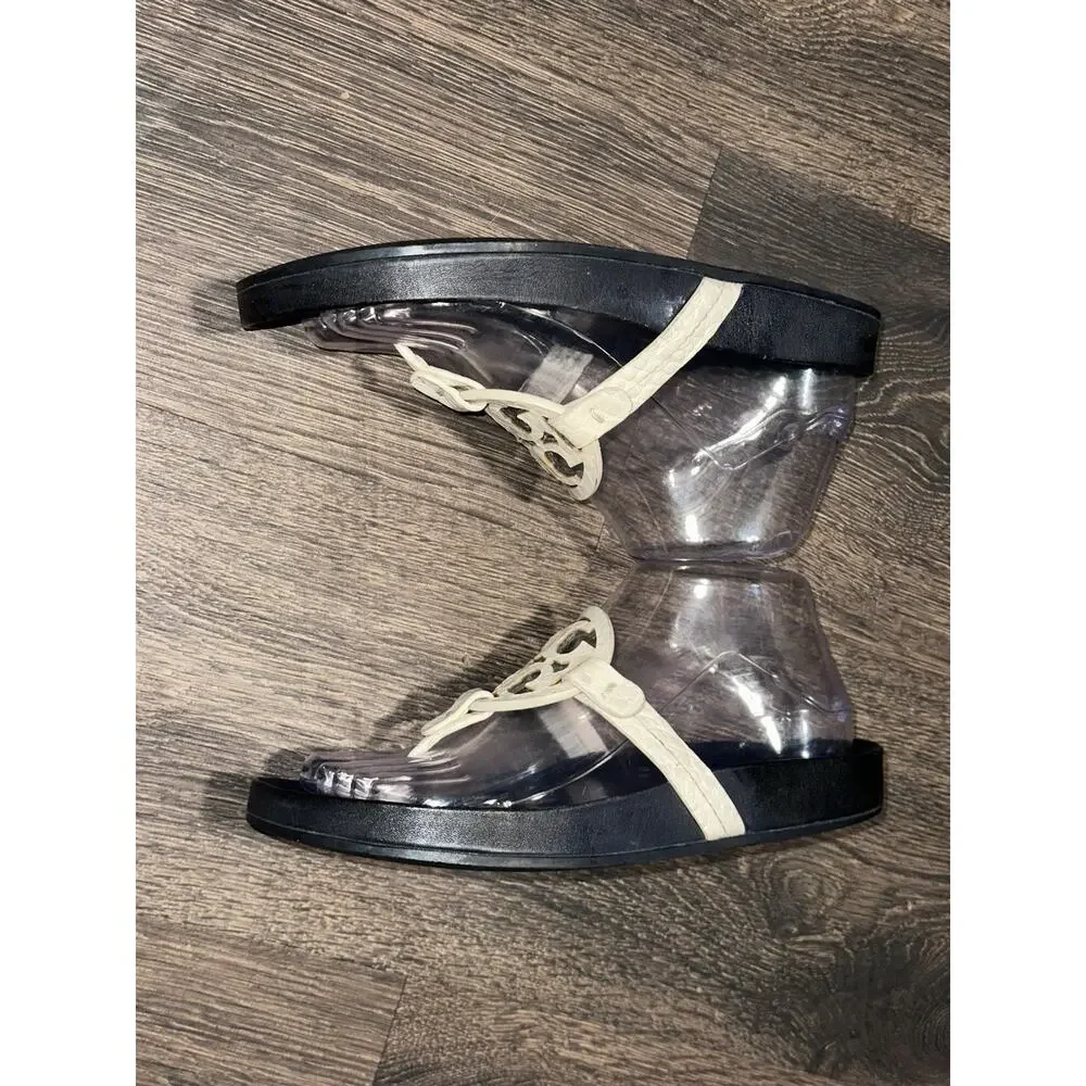 Tory Burch Sz 7 Miller Cloud Thong Sandals Shoes Flip Flops Cream Leather Logo